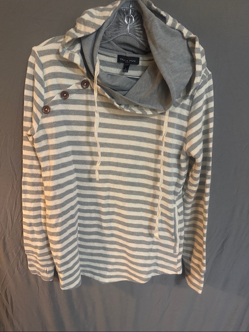 tea n rose Gray and Cream Striped Hooded Pullover Sweater